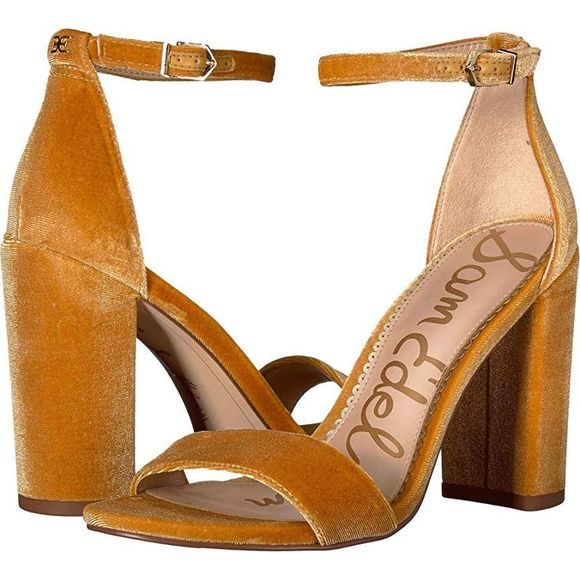 Sam Edelman Yaro Mustard Velvet Block Heel Sandals - Picture 2 of 8